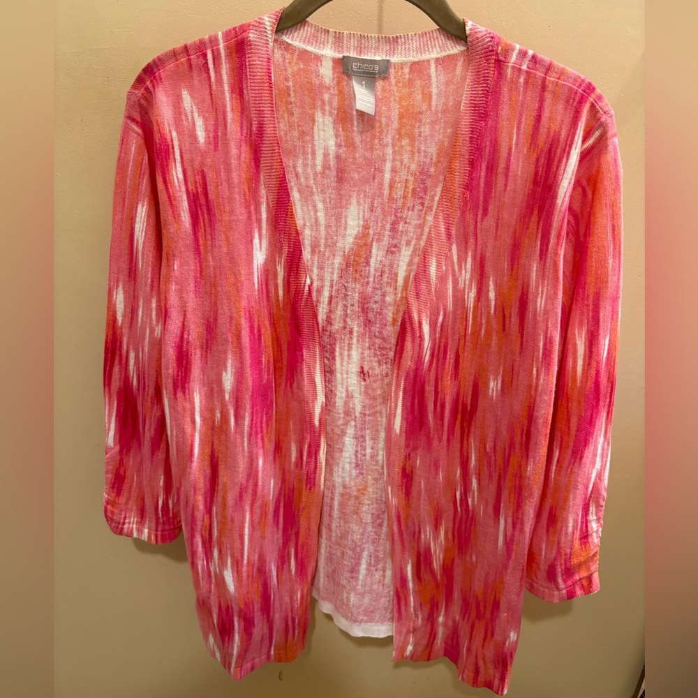 Chico's Blended Waves Pink Combo Open Front Cardigan Sweater Women’s Medium